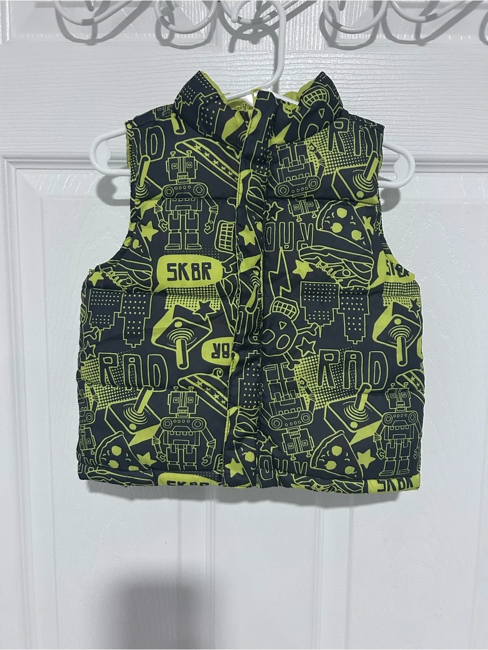 Neon Green Robot Print Kids Puffer Vest - Toddlers. Size 3/4T
